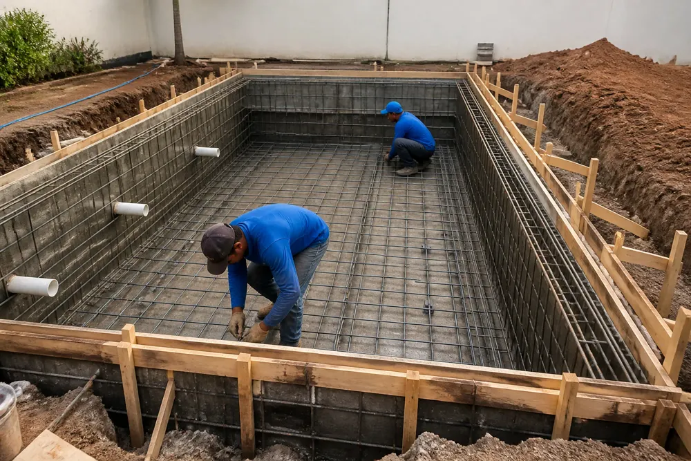 Estrutura de piscina em construção com ferragem