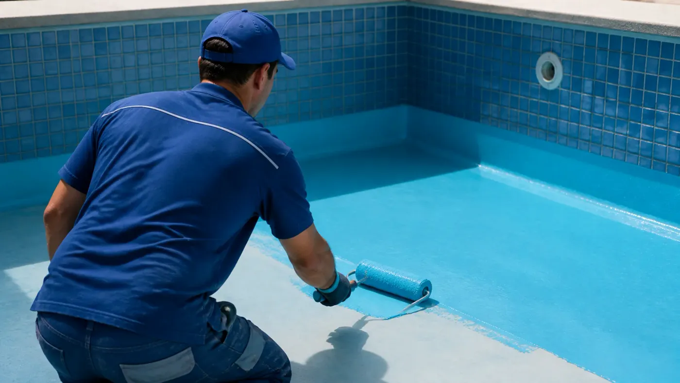 Profissional aplicando acabamento no fundo de uma piscina